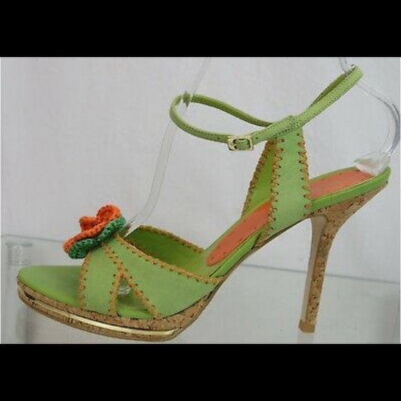 BCBG GIRLS GALIAN LIGHT GREEN LEATHER CROCHET BOW CORK PLATFORM SANDALS PUMPS - Picture 3 of 3